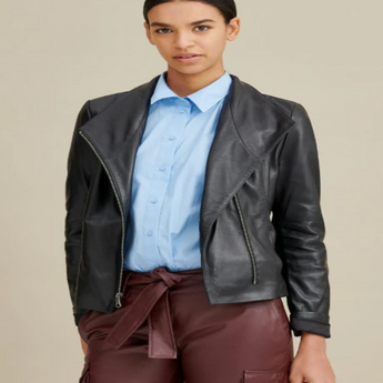 Asymmetrical Ribbed Leather Jacket