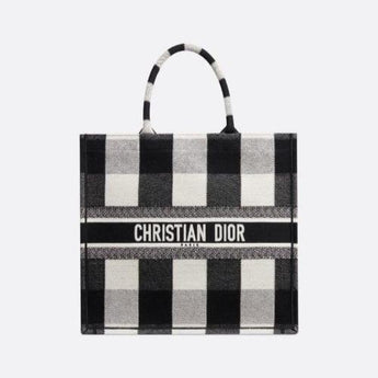 Dior Book Tote In Off-White & Black Embroidered Canvas