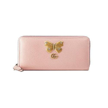 Gucci GG Leather Zip Around Wallet With Butterfly Light Pink
