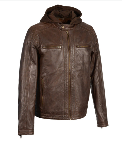 Leather Jacket with Removable Hood