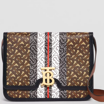 Burberry Medium Monogram Stripe E-Canvas TB Bag Bridle Brown