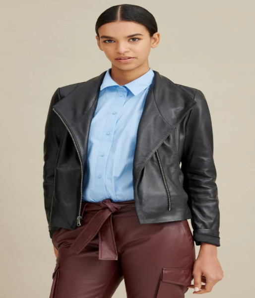 Asymmetrical Ribbed Leather Jacket