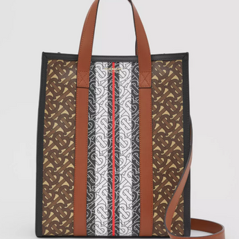 Burberry Monogram Stripe E-Canvas Portrait Tote Bag Bridle Brown
