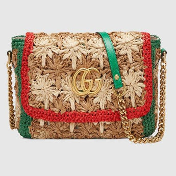 Gucci Marmont Raffia Small Shoulder Bag Red Green
