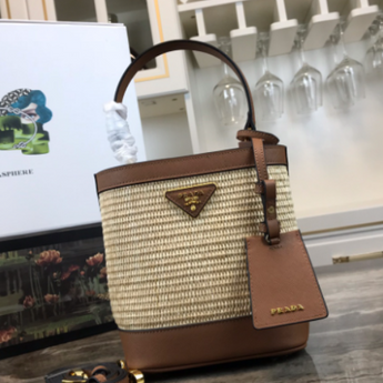 Prada Panier Medium Straw Bag Dark Brown