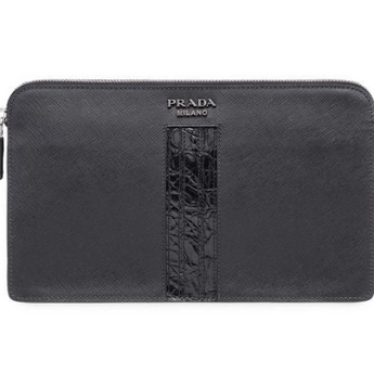 Prada Saffiano And Crocodile Leather Pouch Black