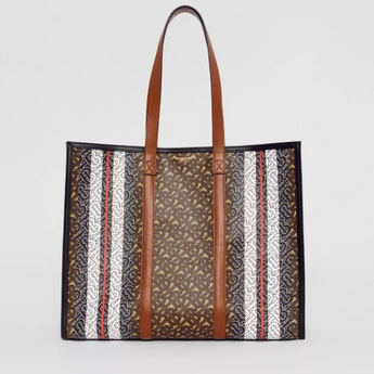 Burberry Small Monogram Stripe E-Canvas Tote Bag Brown