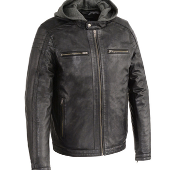 Leather Jacket with Removable Hood