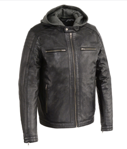 Leather Jacket with Removable Hood