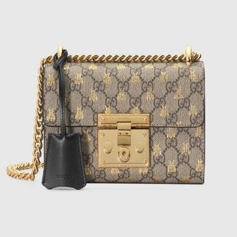 Gucci Padlock Small GG Bees Shoulder Bag Beige Ebony
