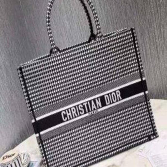 Dior Book Tote Bag In White and Black Embroidered Canvas Houndstooth Motif