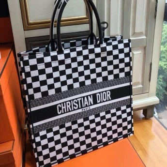 Dior Book Tote Bag In Black And White Checkered Canvas