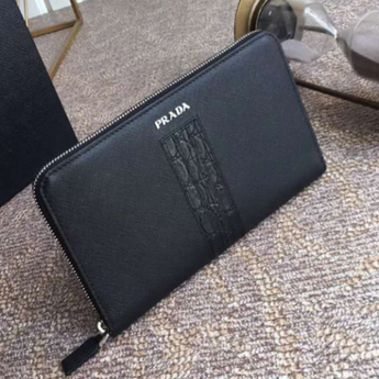 Prada Saffiano and Crocodile Leather Wallet All Black With Crocodile Insert