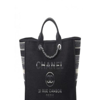 Chanel Deauville Fabric Tote Black With Grey, Black And White Stripes