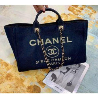 Chanel Deauville Fabric Tote Navy Blue/Gold