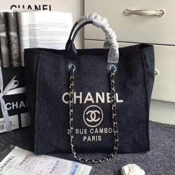 Chanel Deauville Fabric Tote Dark Black