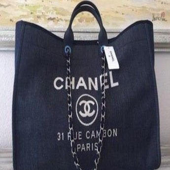 Chanel Deauville Fabric Tote Navy Blue/Gold