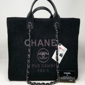 Chanel Deauville Fabric Tote Black With Grey, Black And White Stripes