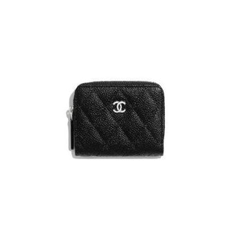 Chanel Classic Zipper Coin Purse Silver Tone Black