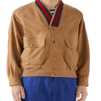 Web Trim Leather Bomber Jacket