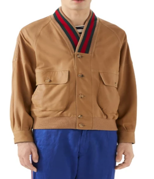Web Trim Leather Bomber Jacket